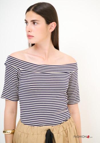 Striped short sleeve Linen Blouse boat neckline