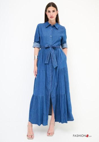 mit kragen Blusenkleid aus Baumwolle mit Volants mit stoffgürtel mit Knöpfen