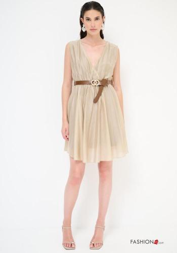 Robe sans manches à col en V décolleté profond avec ceinture