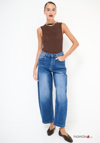 Jeans in Cotone denim con tasche con bottoni con zip
