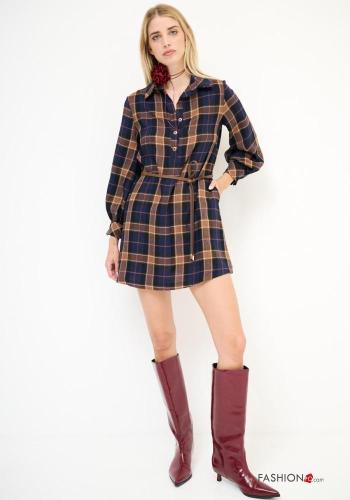 Tartan-Muster lange ärmel mit kragen Kleid mit Gürtel mit Knöpfen