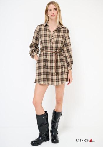 Tartan-Muster lange ärmel mit kragen Kleid aus Baumwolle mit Gürtel mit Knöpfen
