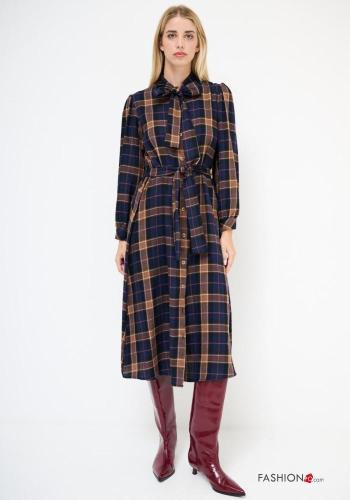 Tartan-Muster lange ärmel Kleid mit Knöpfen mit stoffgürtel mit Schleife