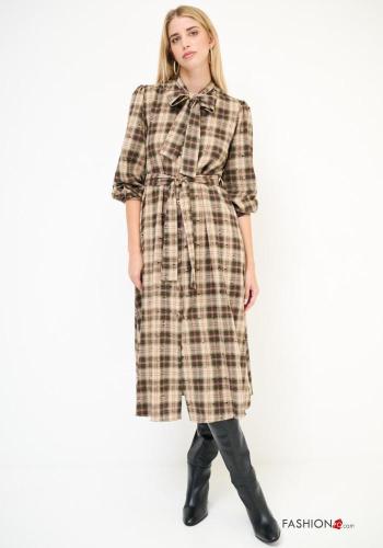Tartan-Muster lange ärmel Blusenkleid aus Baumwolle mit Knöpfen mit stoffgürtel mit Schleife