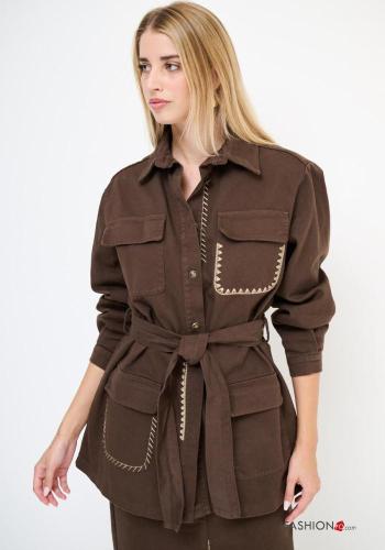 Besticktes Muster lange ärmel mit kragen Blazer aus Baumwolle mit Taschen mit stoffgürtel
