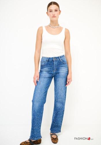 Jeans in Cotone denim con strass