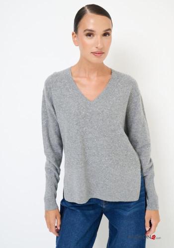 long sleeve shiny Cashmere Blend Sweater with sequins with split with v-neck - ph 1