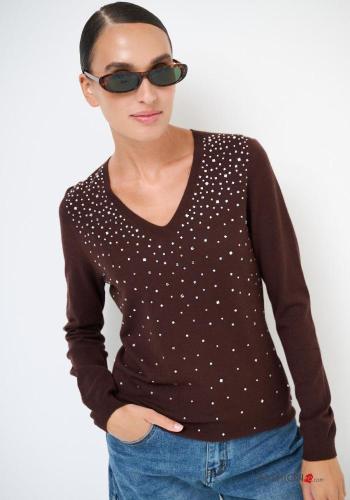 Strickpullover aus Wollmischung mit V-Ausschnitt mit Strasssteinen - ph 1