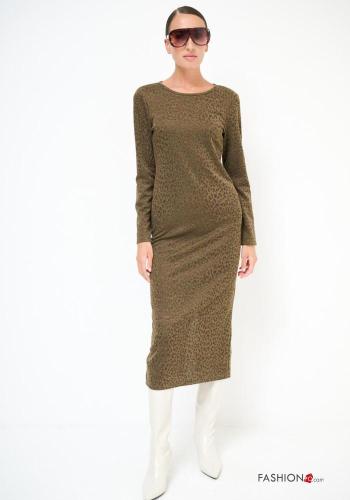 Abito scollato sulla schiena maniche lunghe girocollo Fantasia animalier con spacco