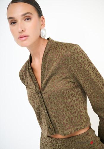 Cardigan maniche lunghe corto Fantasia animalier con bottoni scollo a V