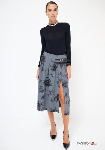 Leaf print Skirt with belt with split