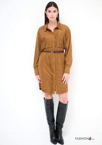 long sleeve with collar Shirt dress with belt with fringe with buttons