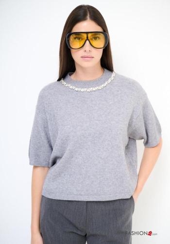 Cardigan maniche corte girocollo con strass - ph 1