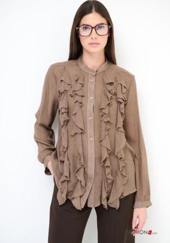 long sleeve crew neck Wool Mix Shirt with flounces with buttons