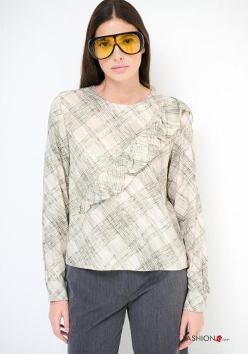 Geometrisches Muster lange ärmel u-boot ausschnitt Bluse mit Volants - ph 1