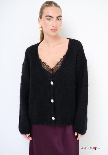 Gilet en Mélange de Laine détail dentelle manches longues à boutons à col en V - ph 1