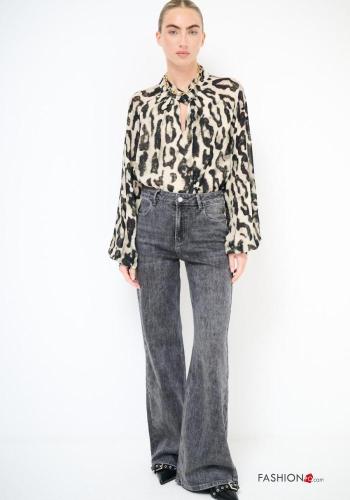 Jeans in Cotone denim a zampa con tasche con bottoni con zip