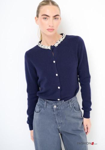 Cardigan maniche lunghe girocollo con bottoni con strass