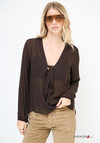 Blouse en Mélange de Laine manches longues avec noeud à col en V - ph 1