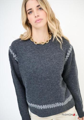 Besticktes Muster lange ärmel u-boot ausschnitt Strickpullover aus Wollstoff mit schlitz - ph 1