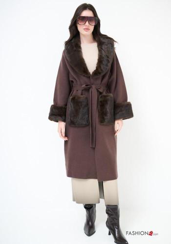 faux fur Coat with belt plunging neckline with pockets