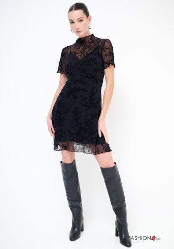 Blumenmuster Tüll- kurze ärmel Kleid Rollkragen- mit Futter - ph 1