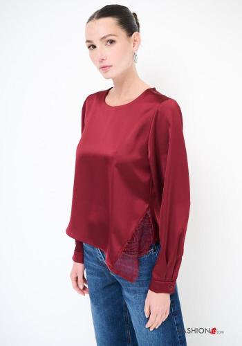 satin crew neck long sleeve lace trim Blouse - ph 1