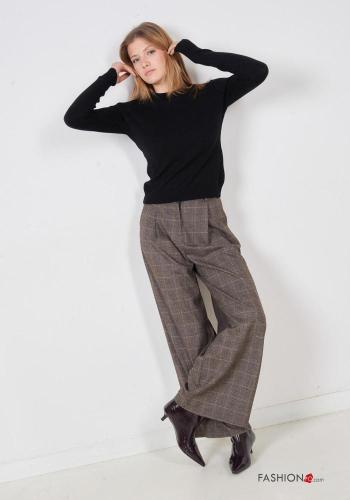 Pantalones cintura alta wide leg Estampado tartán con bolsillos con cremallera con botones