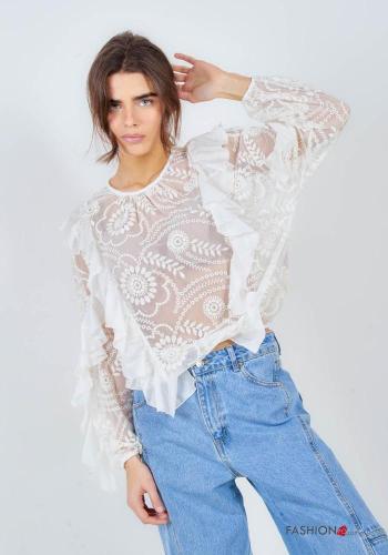 Embroidered long sleeve crew neck Blouse with flounces - ph 1