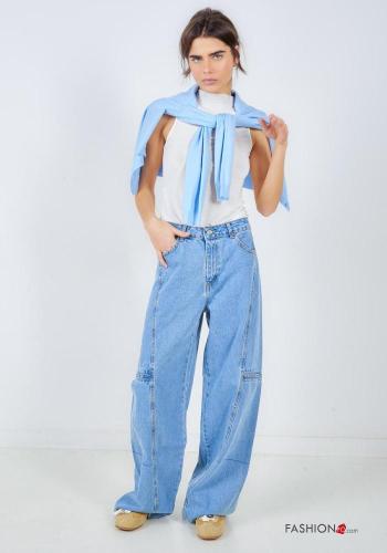denim wide leg Cotton Jeans with buttons with zip with pockets - ph 1