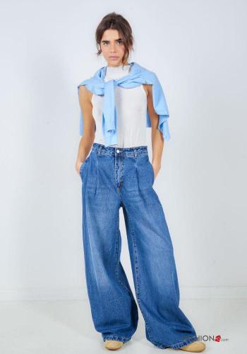 denim wide leg Cotton Jeans with buttons with zip with pockets
