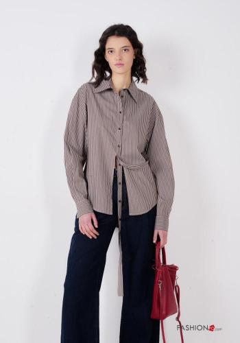 Striped long sleeve with collar Cotton Shirt with buttons with sash - ph 1