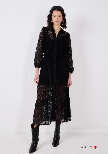 Vestido de Algodón manga larga encaje con cuello Patrón bordado con botones con cinturón de tela - ph 1