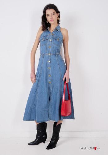 sleeveless with collar denim Cotton Dress with buttons with pockets - ph 1