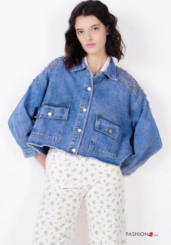 Chaqueta de Algodón manga larga tela vaquera corto con botones con brillantes con tachuelas con bolsillos