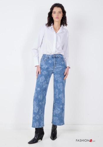 Vaqueros de Algodón tela vaquera Estampado Floral con bolsillos con cremallera con botones - ph 1