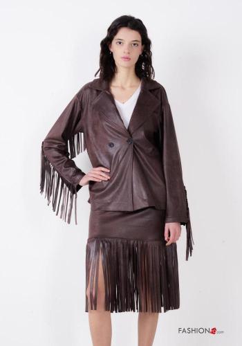 Abrigo imitación de cuero manga larga con botones con flecos