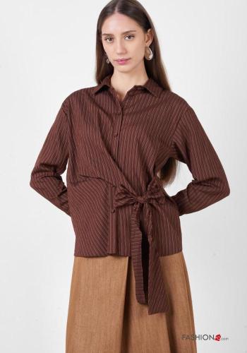 Chemise manches longues à collet Imprimé à rayures à boutons à noeud - ph 1