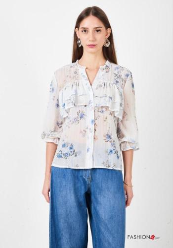 Floral Shirt with flounces 3/4 sleeve with v-neck
