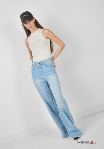 Jeans en Coton wide leg au bord brut à boutons avec fermeture éclair avec poches
