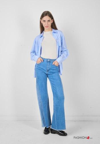 Jeans en Coton en denim au bord brut à boutons avec fermeture éclair avec poches