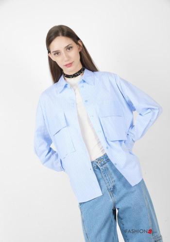 Camisa de Algodón manga larga con cuello a rayas con botones con bolsillos - ph 1