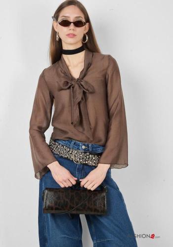 Blusa in Lino maniche lunghe con fiocco scollo a V