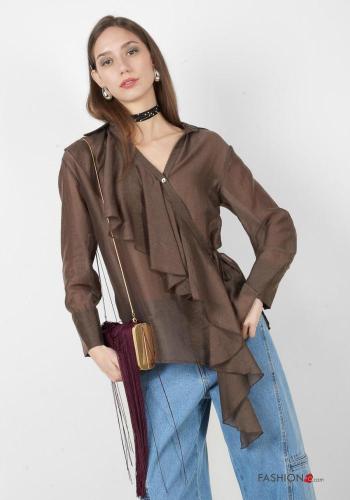 Blouse en Lin manches longues à collet à boutons à col en V - ph 1