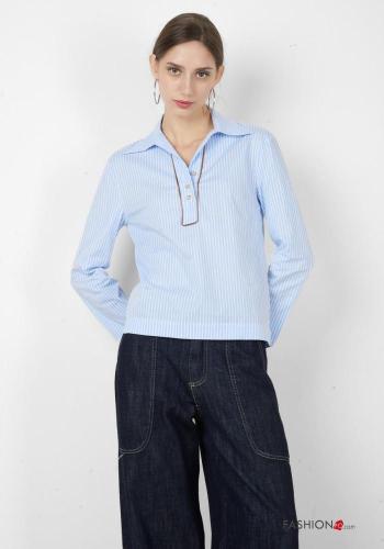 Blusa de Algodón manga larga con cuello a rayas con botones - ph 1
