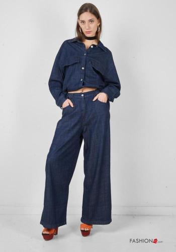 Jeans en Coton wide leg à boutons avec fermeture éclair avec poches
