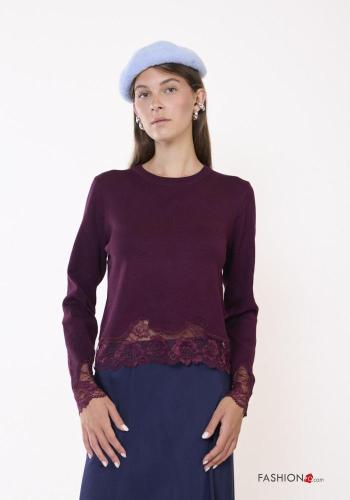 Embroidered lace trim Wool Mix Long sleeved top