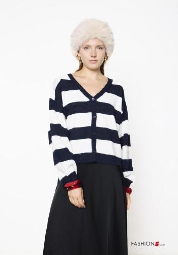 Striped Wool Mix Cardigan with buttons with scarf with v-neck