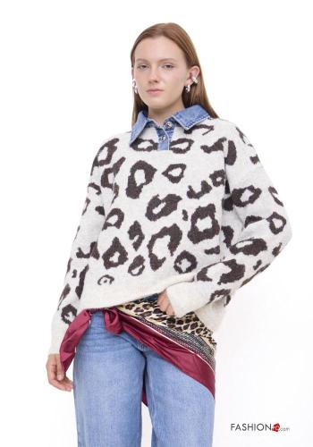 Maglione in Misto Lana denim con colletto Fantasia animalier - ph 1