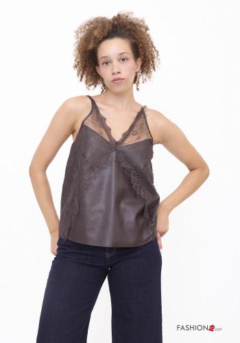 Top encaje imitación de cuero espalda descubierta con cuello en v